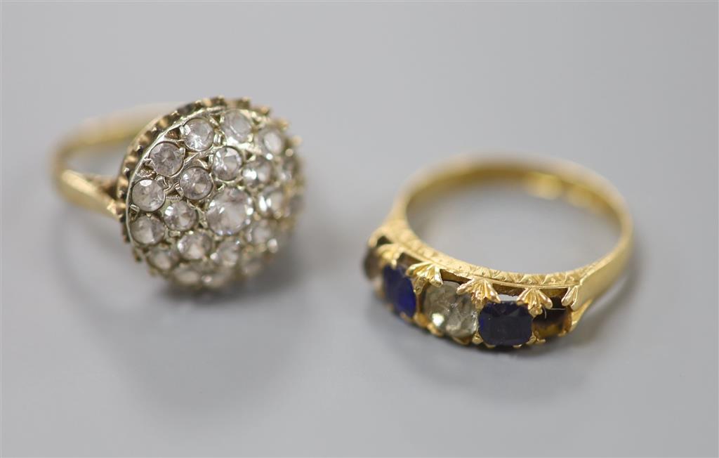 A late Victorian 18ct gold, sapphire and white paste set half hoop ring & a 9ct paste set ring.